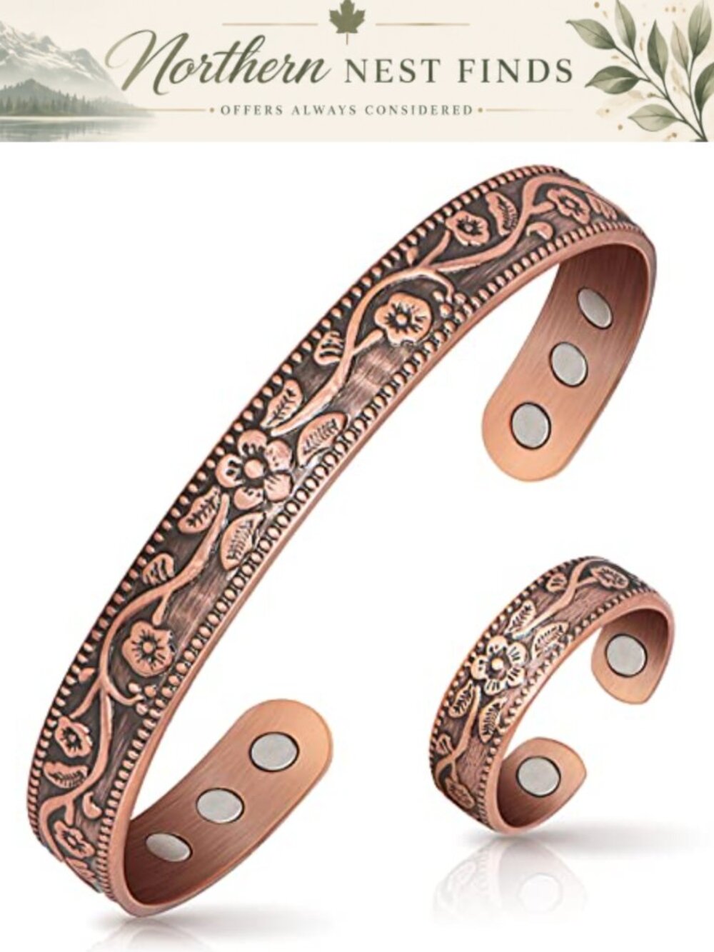 Pure Copper Magnetic Bracelet Ring Set for Women Vintage Flower Adjustable